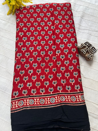 Ajrakh Modal Silk Saree - Red Lotus Print (with tassels)