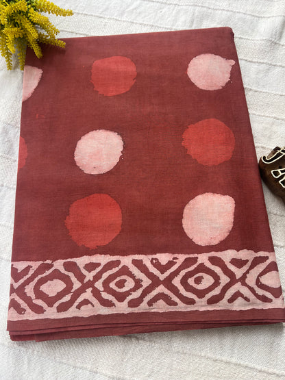 Handblock Mul Cotton Saree - Rustic Red