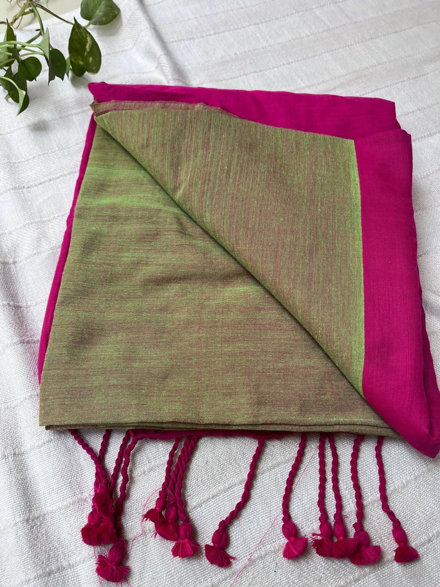 Dual Candy Color Handloom Khadi Cotton Saree - Green & Pink