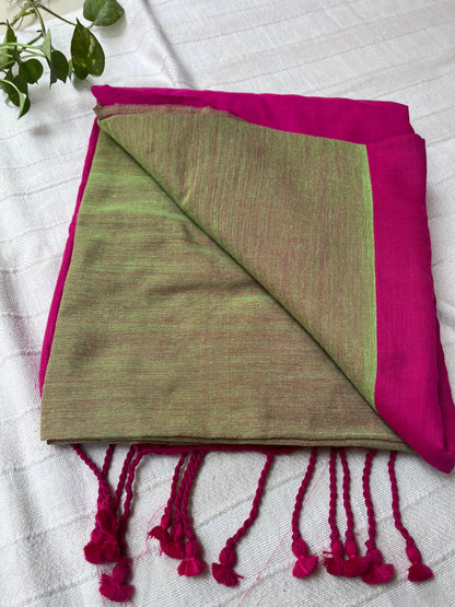 Dual Candy Color Handloom Khadi Cotton Saree - Green & Pink