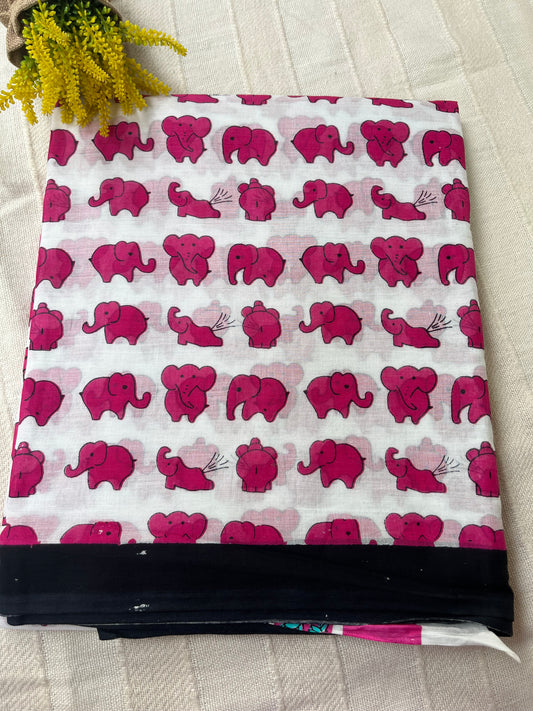 Pink Elephant Quirky Mul Cotton Saree