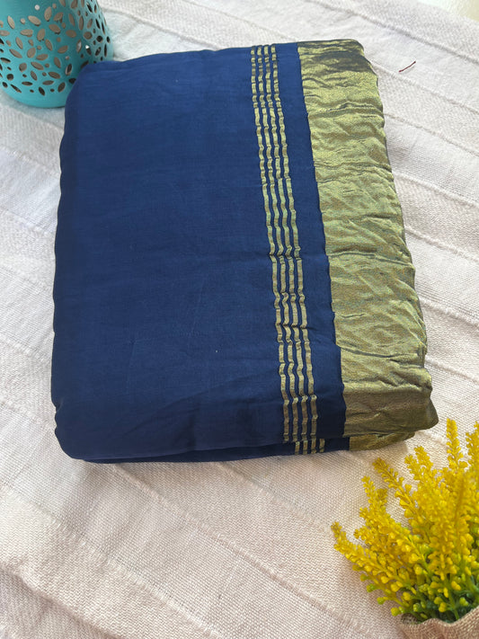 Navy Blue Plain Modal Silk Saree with Tissue Palla and Tassels