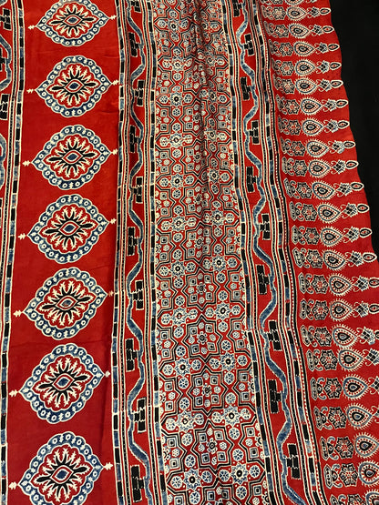 Ajrakh Modal Silk Saree - Red Rose Buttis