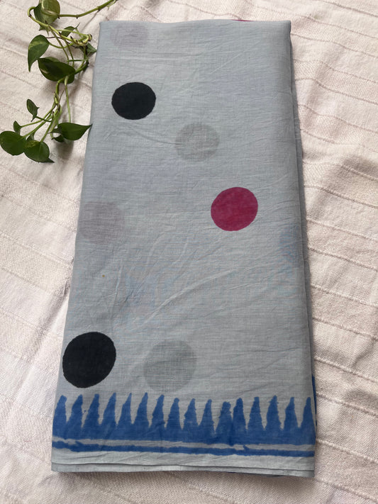 Abstract Handblock Mul Cotton Saree - Grey