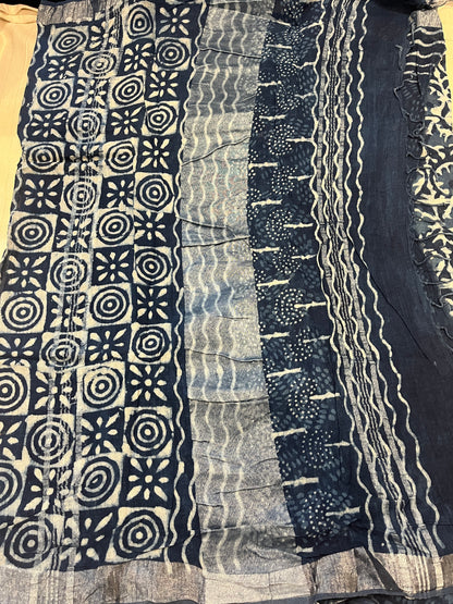 Indigo Handblock Linen Cotton Saree