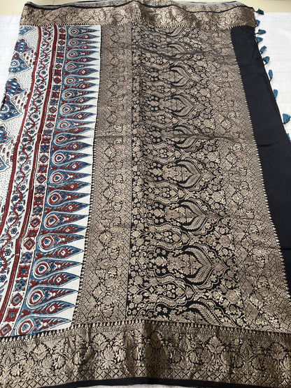 Ajrakh Dola Silk Saree - Pearl White Buttis (with tassels)
