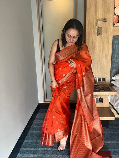 Banarsi Kora Organza Saree - Orange