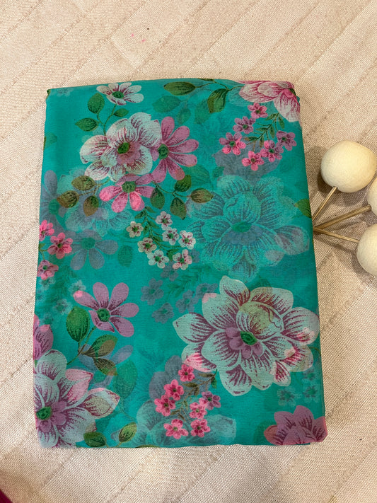 Semi Chiffon Floral Saree - Aqua