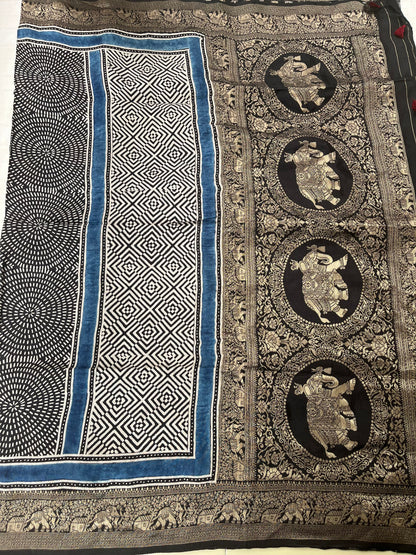 Ajrakh Dola Silk Saree - Black Geometric Pattern (with tassels)