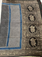 Ajrakh Dola Silk Saree - Black Geometric Pattern (with tassels)