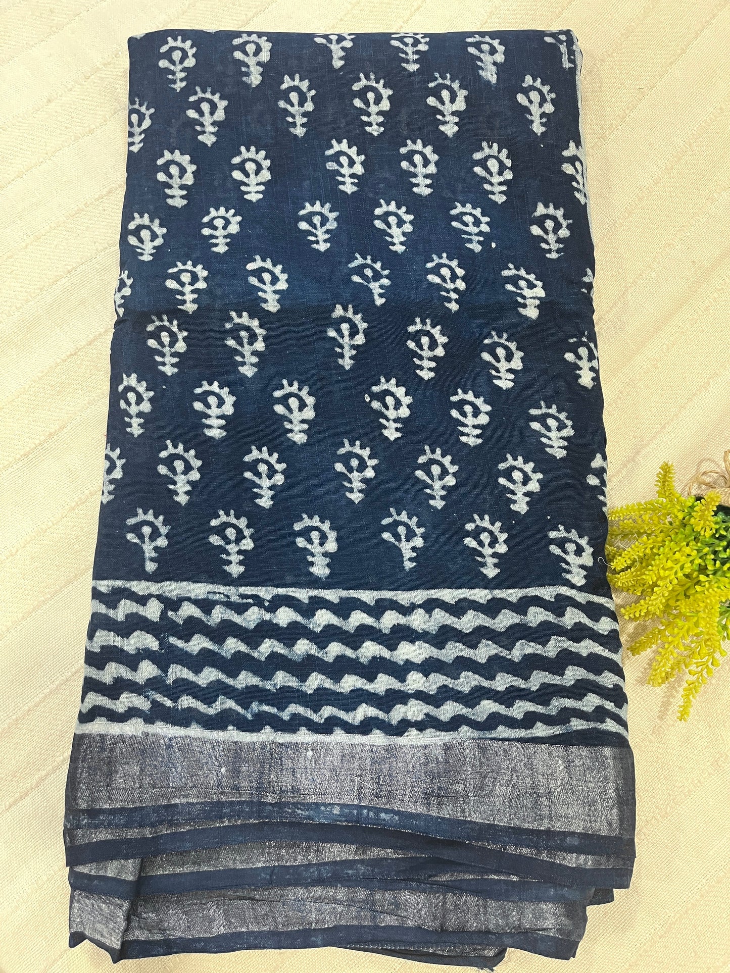 Indigo Handblock Linen Cotton Saree