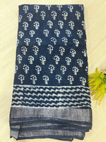 Indigo Handblock Linen Cotton Saree