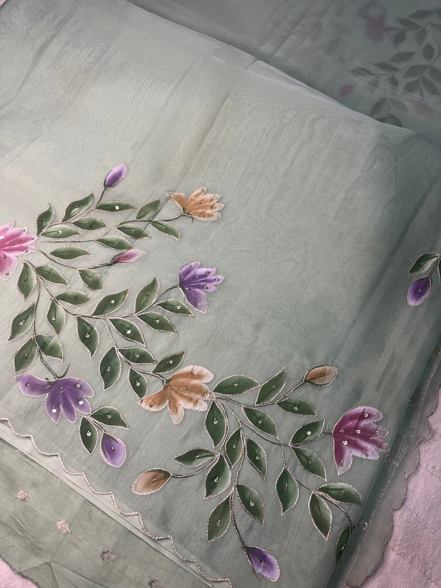 Crepe Organza Handpainted Saree with Embroidery- Rama Green
