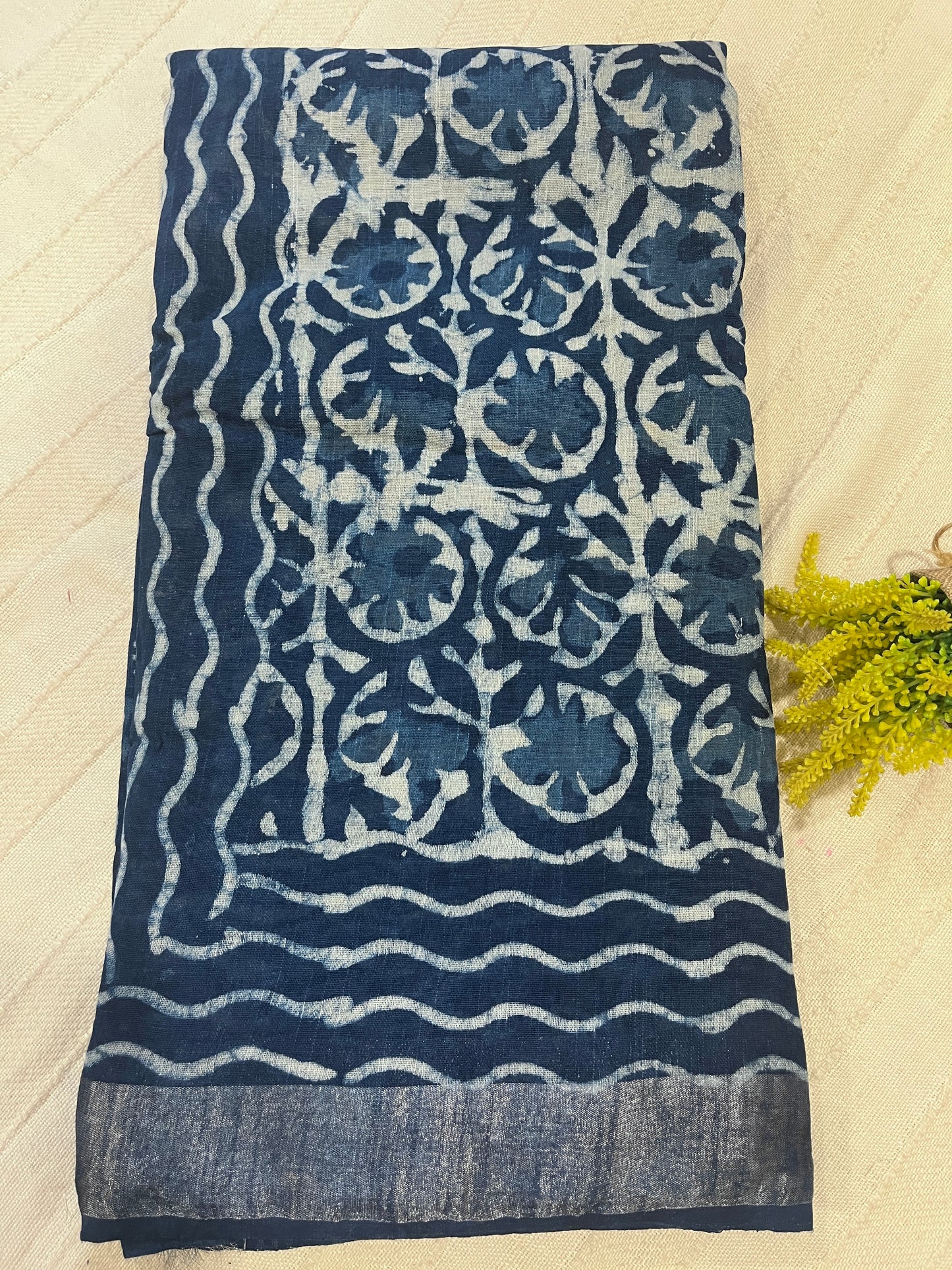 Indigo Handblock Linen Cotton Saree