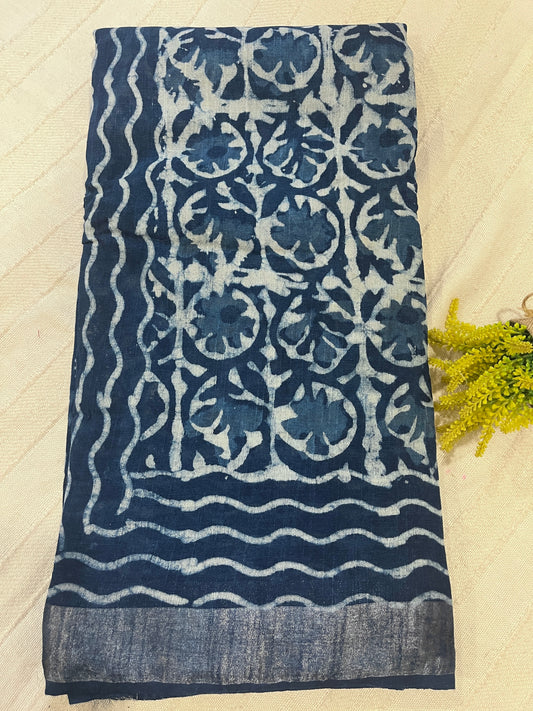 Indigo Handblock Linen Cotton Saree