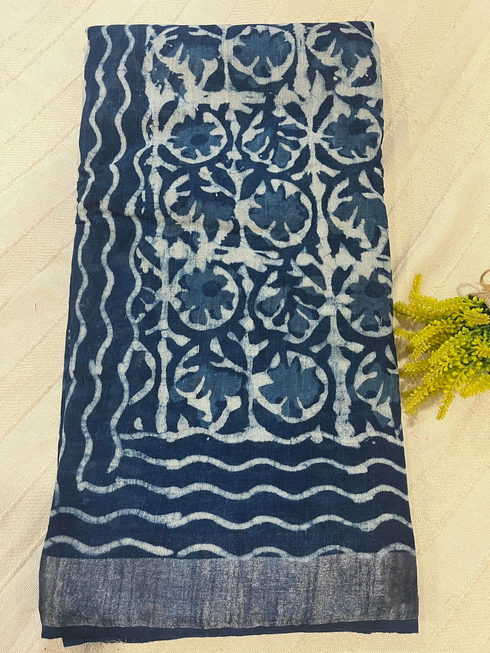 Indigo Handblock Linen Cotton Saree