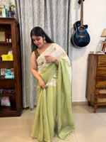 Quirky Linen Cotton Saree - Mehendi Green Fishes