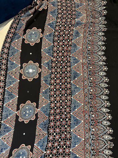 Ajrakh Modal Silk Saree with Mirror Work - Black