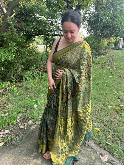 Ajrakh Dola Silk Saree - Green (with tassels)