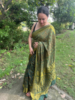 Ajrakh Dola Silk Saree - Green (with tassels)