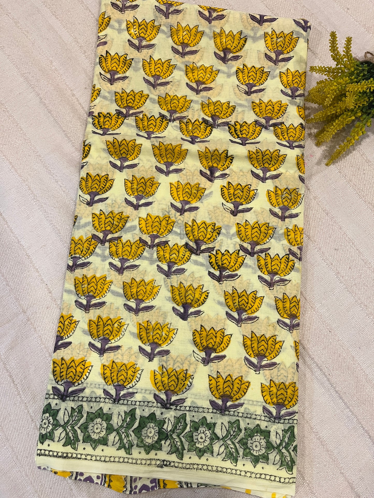 Lotus Handblock Mul Cotton Saree - Yellow
