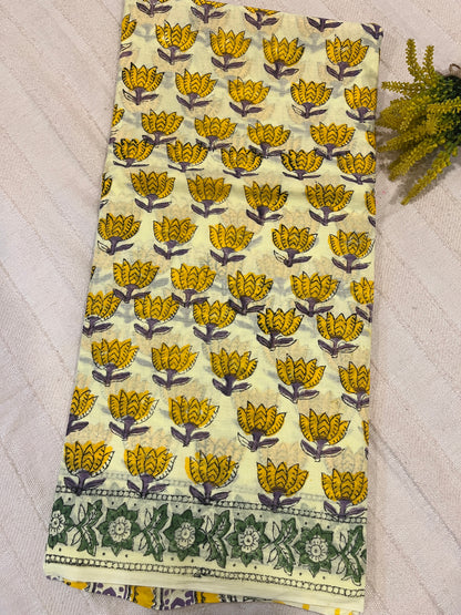 Lotus Handblock Mul Cotton Saree - Yellow