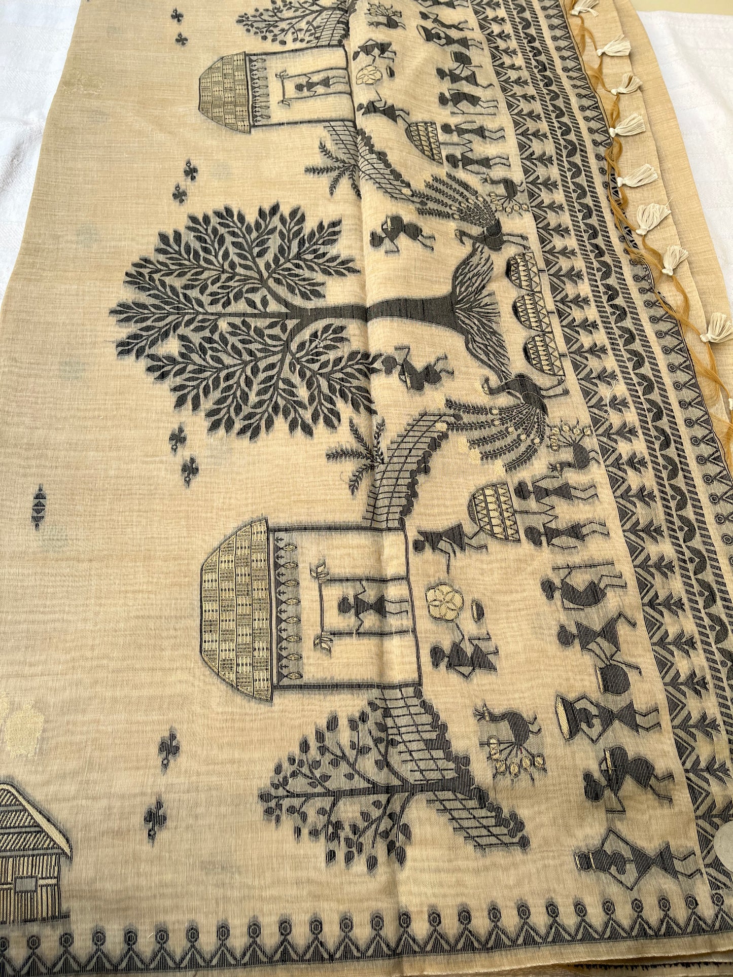 Chanderi Cotton Jamdani Saree - Beige Tribal Art