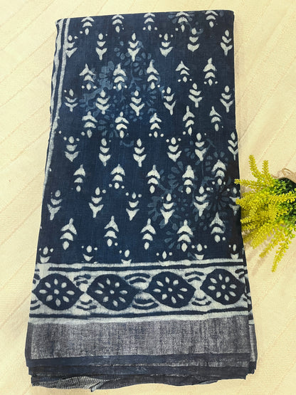 Indigo Handblock Linen Cotton Saree