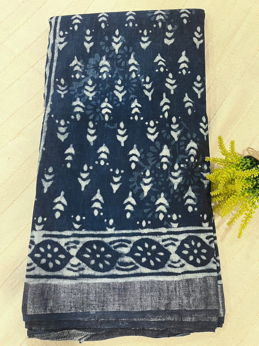 Indigo Handblock Linen Cotton Saree