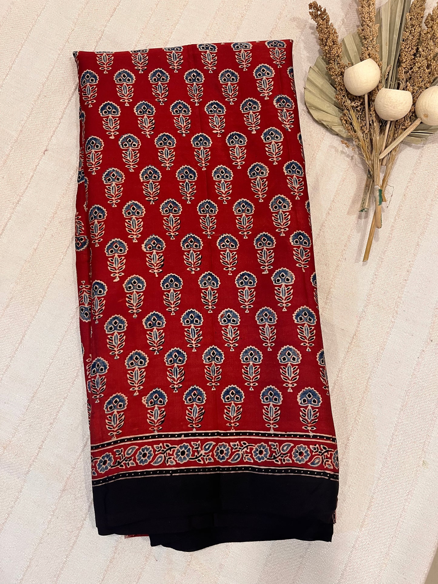 Ajrakh Modal Silk Saree - Red Buttis