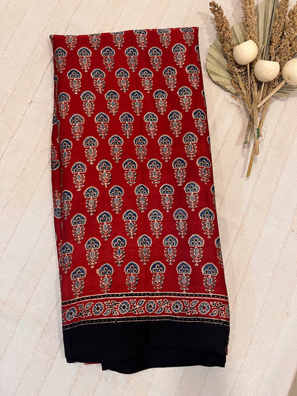 Ajrakh Modal Silk Saree - Red Buttis