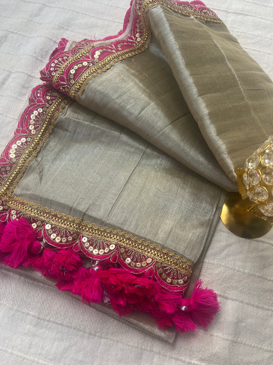 Raga Tissue Saree with Lace and Tassels - Silver & Pink