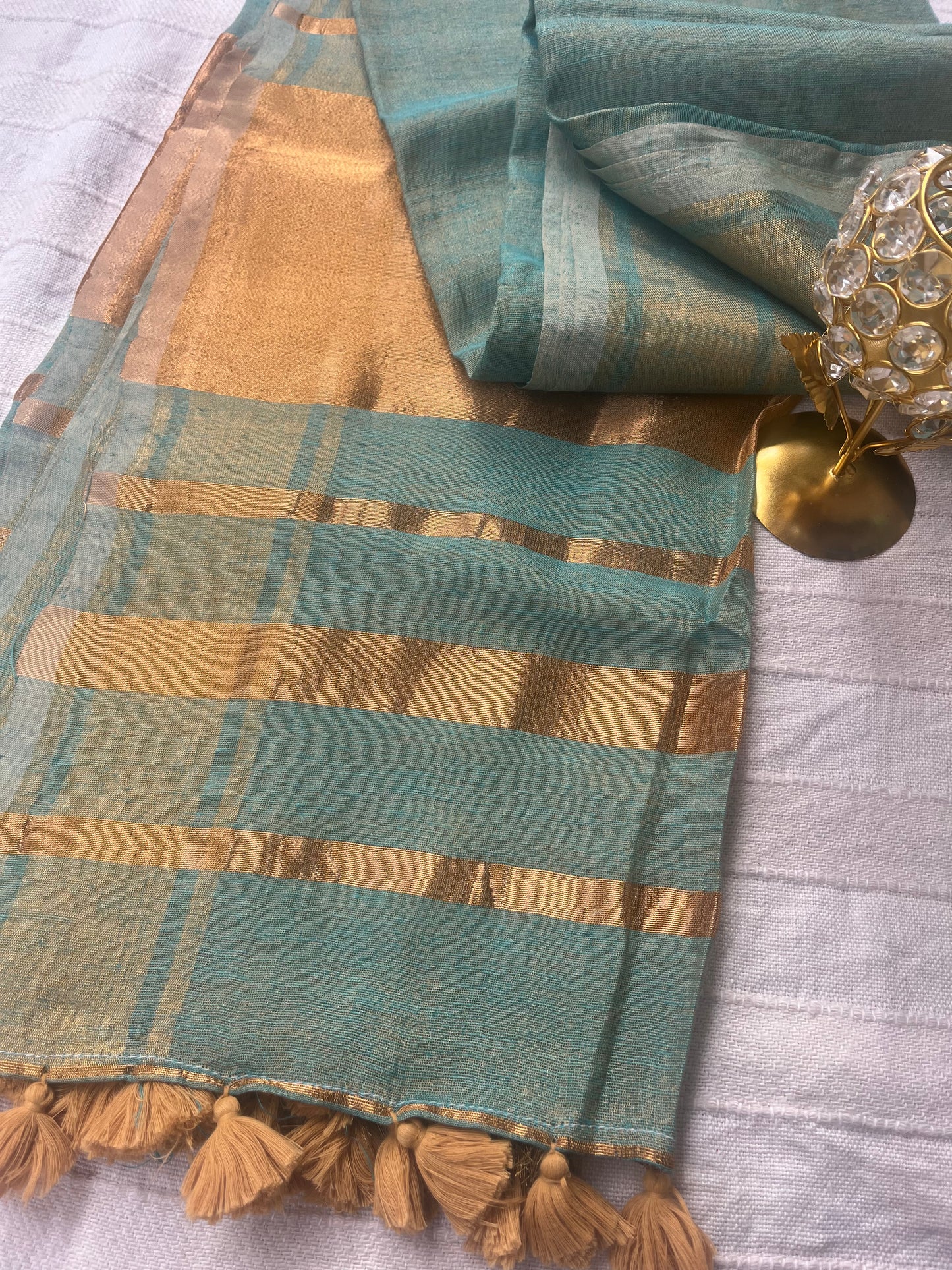 Tissue Linen Saree with Tassels - Aqua