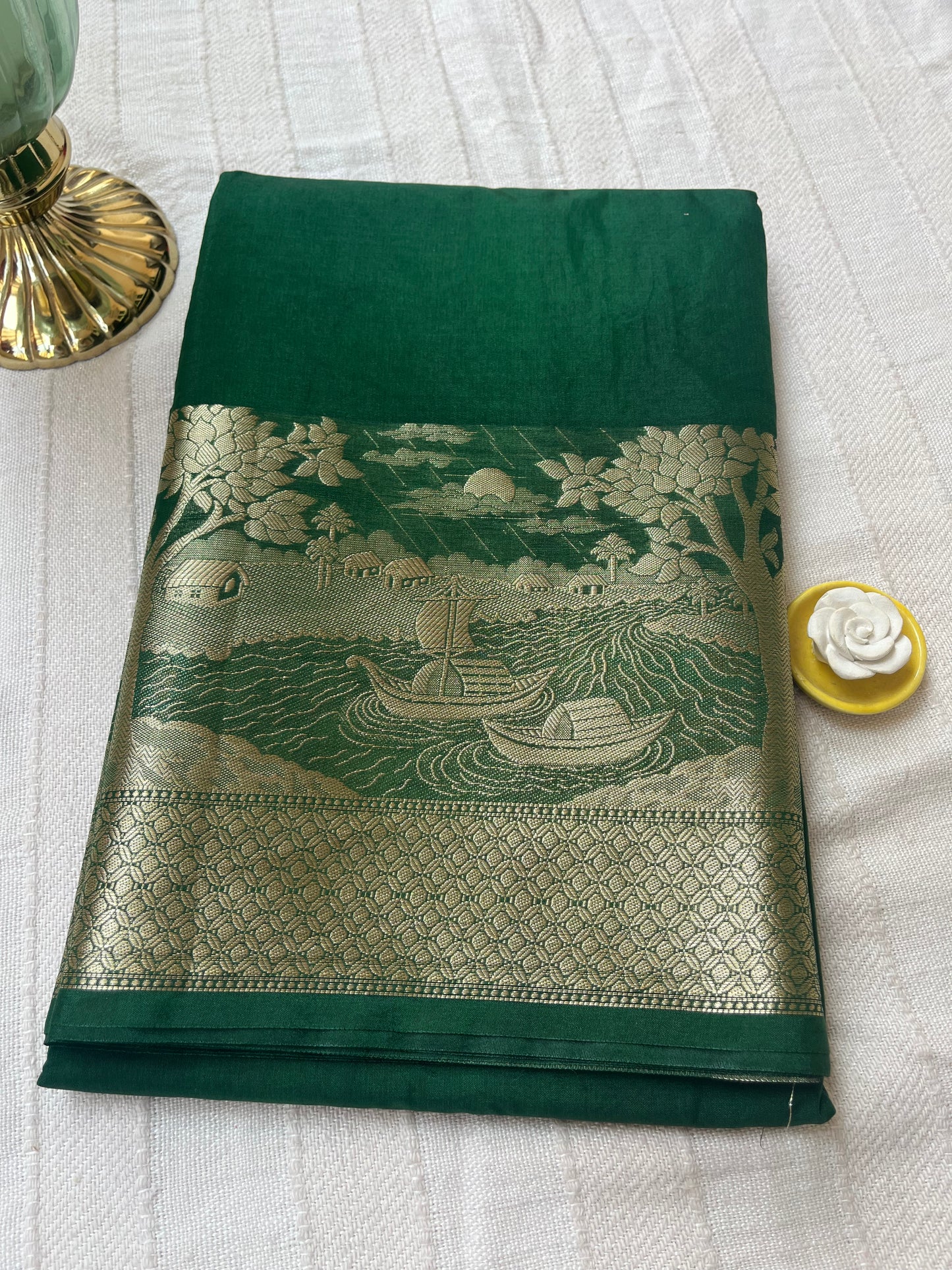 Banarasi Semi Georgette Ganga Ghat Saree - Bottle Green