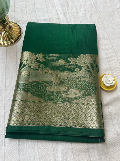 Banarasi Semi Georgette Ganga Ghat Saree - Bottle Green