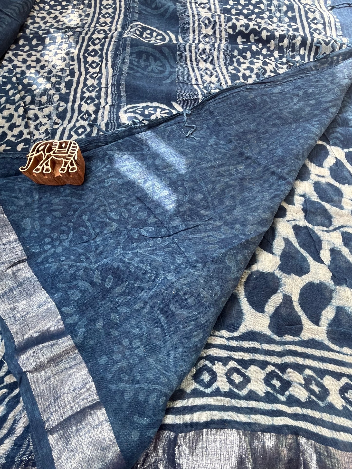 Indigo Handblock Linen Cotton Saree