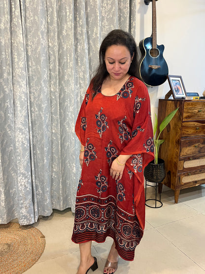 Ajrakh Modal Silk Kaftan - Red Flower
