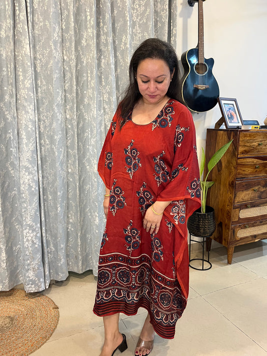 Ajrakh Modal Silk Kaftan - Red Flower