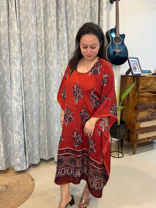 Ajrakh Modal Silk Kaftan - Red Flower
