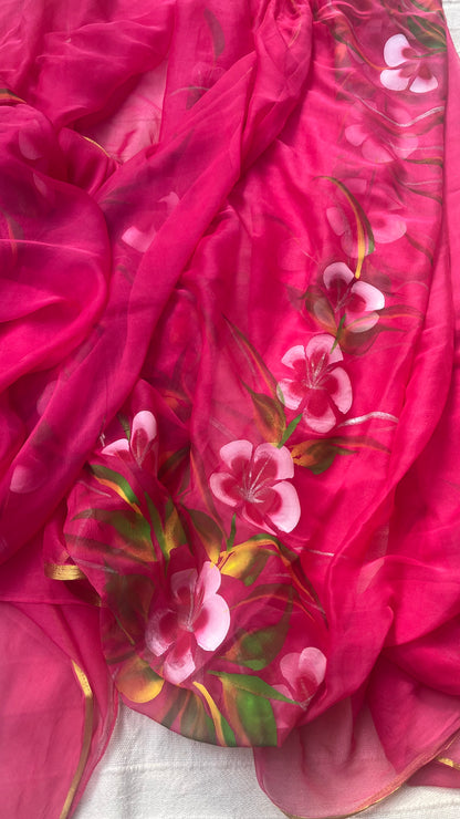 Hand-painted Chiffon Saree - Rani Pink