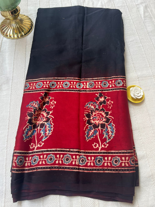 Ajrakh Modal Silk Saree - Black and Red