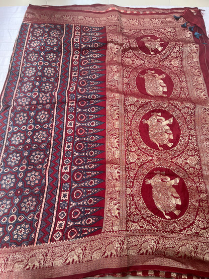 Ajrakh Dola Silk Saree - Deep Red Flower Buttis (with tassels)