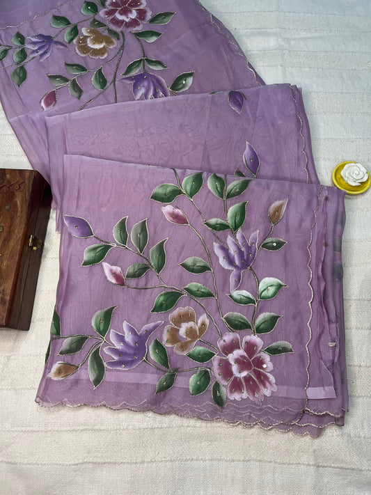 Crepe Organza Handpainted Saree with Embroidery- Lavender
