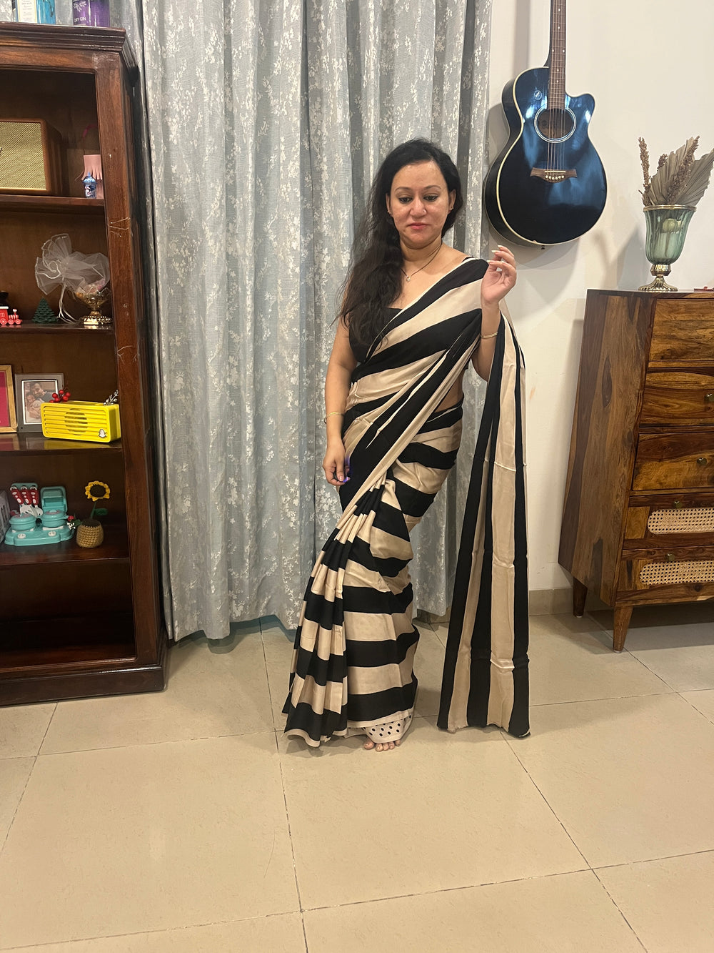 Contemporary Ajrakh Modal Silk Saree - Black Stripes
