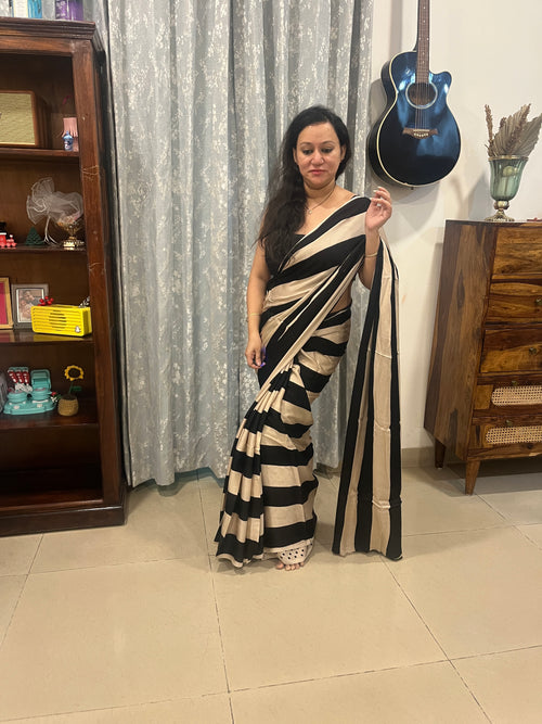 Contemporary Ajrakh Modal Silk Saree - Black Stripes
