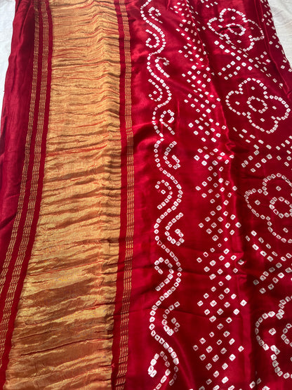 Bandhani Modal Silk saree with Tissue Palla - Red with White Yellow Dot Bandhej