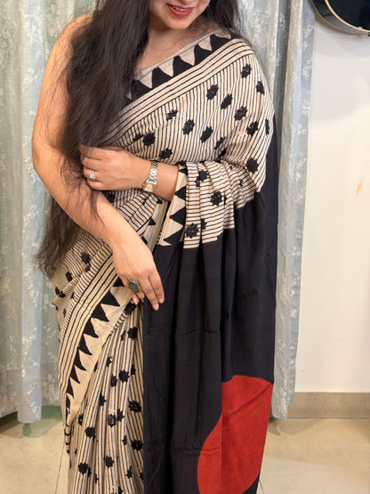 Contemporary Ajrakh Modal Silk Saree - Pearl White with Red Dot Palla