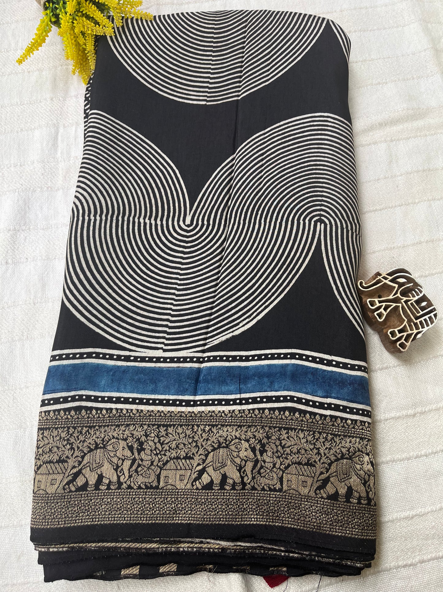 Ajrakh Dola Silk Saree - Black Geometric Pattern (with tassels)