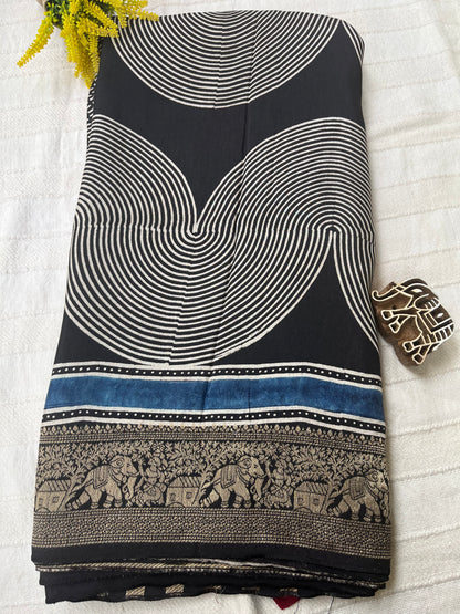 Ajrakh Dola Silk Saree - Black Geometric Pattern (with tassels)