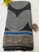 Ajrakh Dola Silk Saree - Black Geometric Pattern (with tassels)